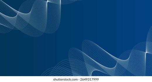 Dark blue abstract background with flowing white wave lines. Elegant tech-inspired design.