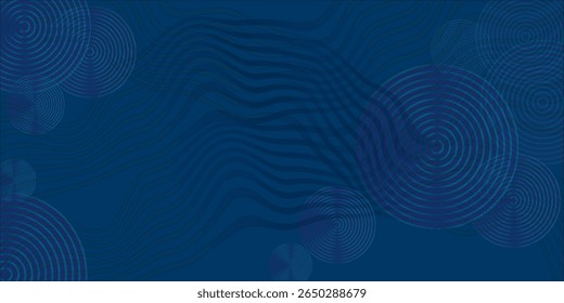 Dark blue abstract background with flowing wave lines and vibrant concentric circles. A modern tech-inspired design. Keywords: abstract, lines, circles, wave, digital.