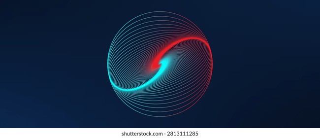 Dark blue abstract background with futuristic geometric neon red and cyan light circle spiral vector