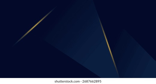 Fundo abstrato azul escuro com formas geométricas e linhas brilhantes douradas dinâmicas, perfeito para negócios modernos, tecnologia ou marca de luxo.