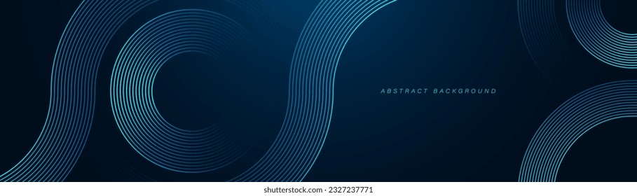 Dark blue abstract background with glowing blue circle lines. Geometric stripe line art design. Modern shiny blue lines. Futuristic technology concept. Horizontal banner template. Vector illustration