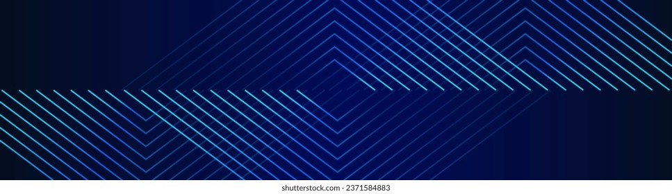 Dark blue abstract background with glowing geometric lines pattern. Modern shiny futuristic technology concept. Horizontal vector banner template for flyer, card, brochure cover, poster, web