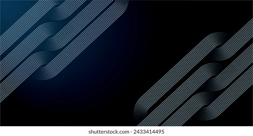 Dark blue abstract background with glowing geometric lines. Modern shiny blue diagonal rounded lines pattern. Futuristic technology concept.