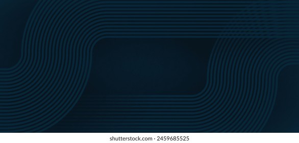 Dark blue abstract background with glowing curved waves.