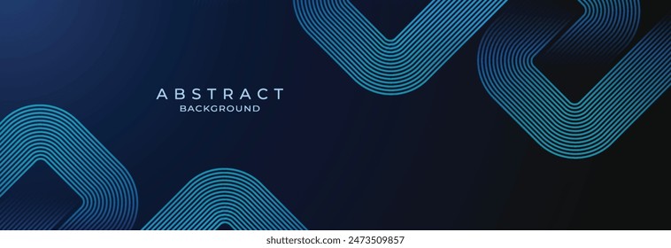 Dark blue abstract background with glowing geometric lines. Modern shiny blue rounded square lines pattern. Suitable for banner, cover, poster, website, presentation, brochure, flyer, header