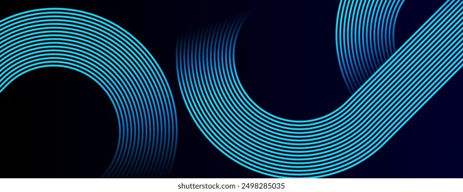 Dark blue abstract background with glowing geometric lines. Modern shiny blue diagonal rounded lines pattern. Futuristic technology concept. Suit for cover, poster, presentation, banner, website