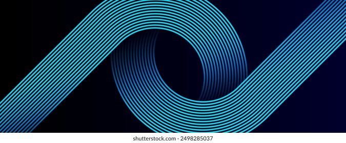 Dark blue abstract background with glowing geometric lines. Modern shiny blue diagonal rounded lines pattern. Futuristic technology concept. Suit for cover, poster, presentation, banner, website