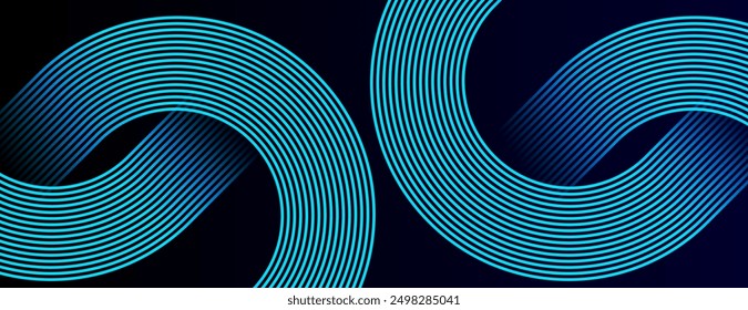 Dark blue abstract background with glowing geometric lines. Modern shiny blue diagonal rounded lines pattern. Futuristic technology concept. Suit for cover, poster, presentation, banner, website