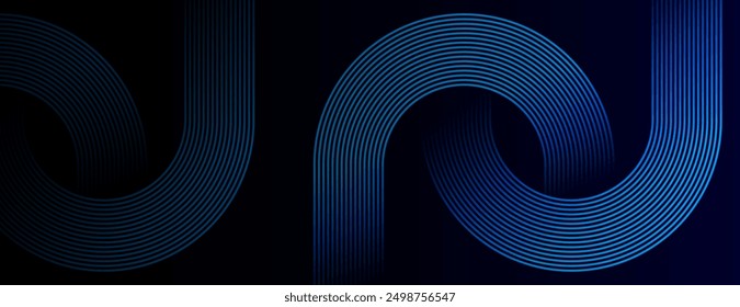 Dark blue abstract background with glowing geometric lines. Modern shiny blue diagonal rounded lines pattern. Futuristic technology concept. Suit for cover, poster, presentation, banner, website