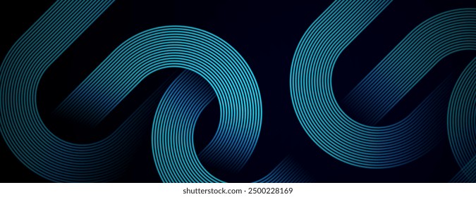 Dark blue abstract background with glowing geometric lines. Modern shiny blue diagonal rounded lines pattern. Futuristic technology concept. Suit for cover, poster, presentation, banner, website