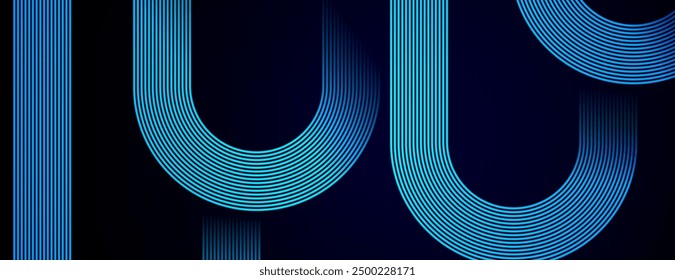 Dark blue abstract background with glowing geometric lines. Modern shiny blue diagonal rounded lines pattern. Futuristic technology concept. Suit for cover, poster, presentation, banner, website
