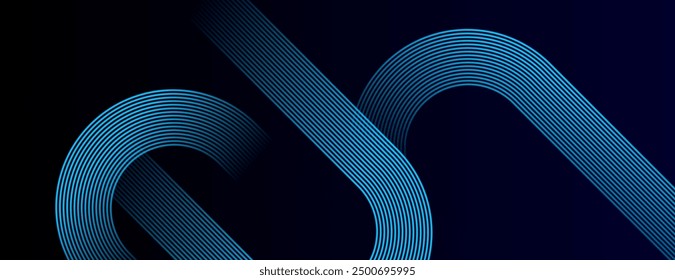 Dark blue abstract background with glowing geometric lines. Modern shiny blue diagonal rounded lines pattern. Futuristic technology concept. Suit for cover, poster, presentation, banner, website