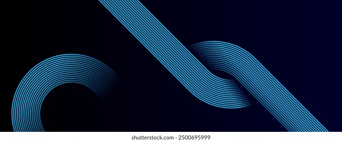 Dark blue abstract background with glowing geometric lines. Modern shiny blue diagonal rounded lines pattern. Futuristic technology concept. Suit for cover, poster, presentation, banner, website