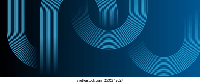 Fondo abstracto azul oscuro con líneas geométricas brillantes. Moderno patrón de líneas redondeadas diagonales azules brillantes. Concepto de tecnología futurista. Traje para la cubierta, cartel, presentación, Anuncio, Sitio web