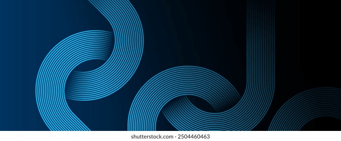 Dark blue abstract background with glowing geometric lines. Modern shiny blue diagonal rounded lines pattern. Futuristic technology concept. Suit for cover, poster, presentation, banner, website