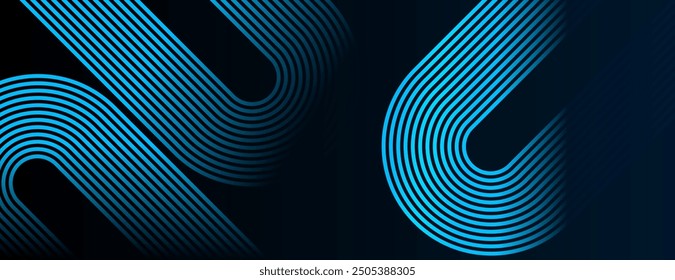 Fondo abstracto azul oscuro con líneas geométricas brillantes. Moderno patrón de líneas redondeadas diagonales azules brillantes. Concepto de tecnología futurista. Traje para la cubierta, cartel, presentación, Anuncio, Sitio web