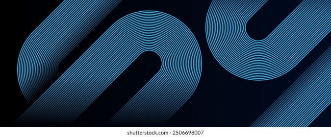 Dark blue abstract background with glowing geometric lines. Modern shiny blue diagonal rounded lines pattern. Futuristic technology concept. Suit for cover, poster, presentation, banner, website
