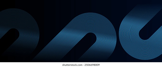 Dark blue abstract background with glowing geometric lines. Modern shiny blue diagonal rounded lines pattern. Futuristic technology concept. Suit for cover, poster, presentation, banner, website