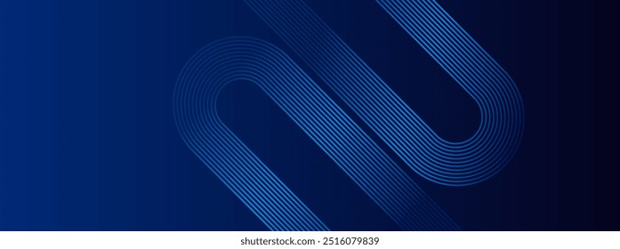 Dark blue abstract background with glowing geometric lines. Modern shiny blue diagonal rounded lines pattern. Futuristic technology concept. Suit for cover, poster, presentation, banner, website