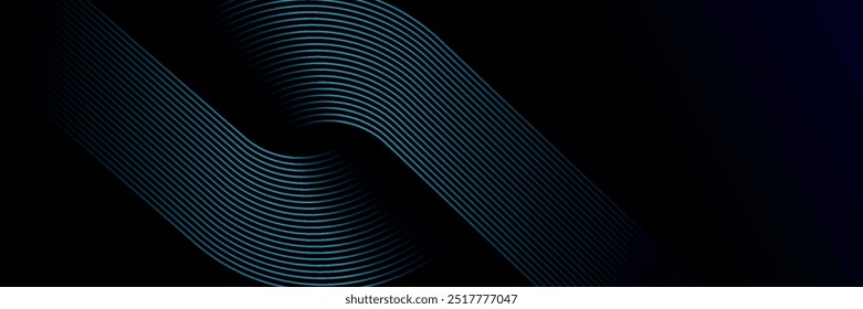 Dark blue abstract background with glowing circle lines. Geometric line art design. Modern shiny blue rounded diagonal line pattern. Futuristic lines