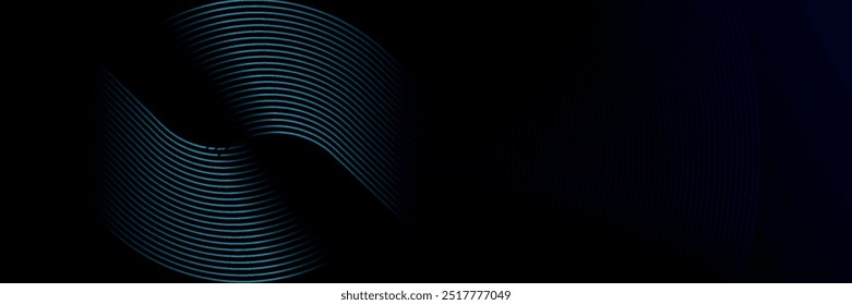 Dark blue abstract background with glowing circle lines. Geometric line art design. Modern shiny blue rounded diagonal line pattern. Futuristic lines
