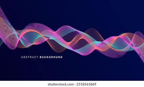 Dark blue abstract background with glowing waves. Shiny moving lines design element. Futuristic technology concept. Vector illustration