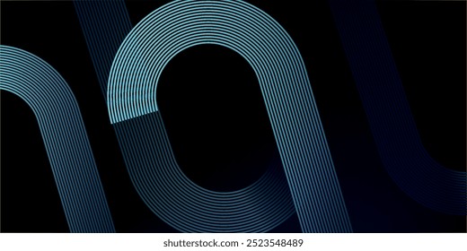 Dark blue abstract background with glowing geometric lines. Modern shiny blue diagonal rounded lines pattern. Futuristic technology concept. Suit for