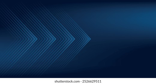 Dark blue abstract background with glowing arrow lines technology futuristic concept. Modern shiny blue geometric lines design. Horizontal banner template
