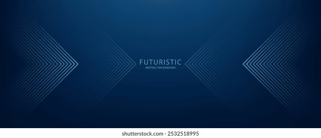 Fundo abstrato azul escuro com linhas de seta brilhantes para tecnologia, apresentando um conceito futurista com design moderno de linhas geométricas azul brilhante, ideal para banners, capas, pôsteres e cabeçalhos da Web