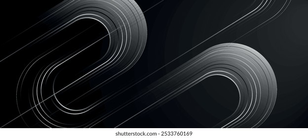 Dark blue abstract background with glowing geometric lines. Modern shiny blue diagonal rounded lines pattern.eps10