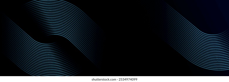 Dark blue abstract background with glowing geometric lines. Modern shiny blue diagonal rounded lines pattern. Futuristic technology concept. Suit for