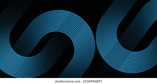 Dark blue abstract background with glowing geometric lines. Modern shiny blue diagonal rounded lines pattern. Futuristic technology concept. Suit for