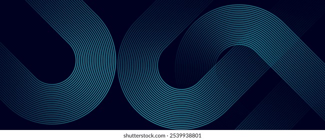 Dark blue abstract background with glowing geometric lines. Modern shiny blue diagonal rounded lines pattern.
