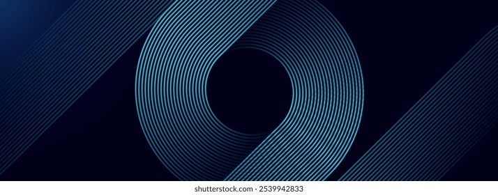 Dark blue abstract background with glowing geometric lines. Modern shiny blue diagonal rounded lines pattern.