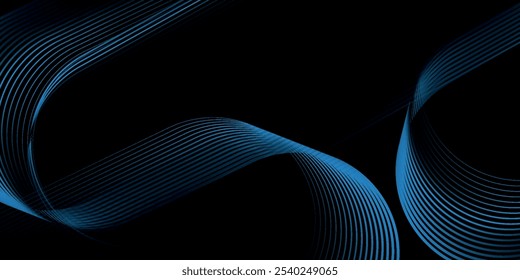 Dark blue abstract background with glowing geometric lines. Modern shiny blue diagonal rounded lines pattern.