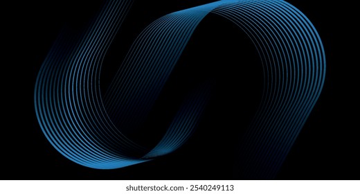 Dark blue abstract background with glowing geometric lines. Modern shiny blue diagonal rounded lines pattern. Futuristic technology concept.