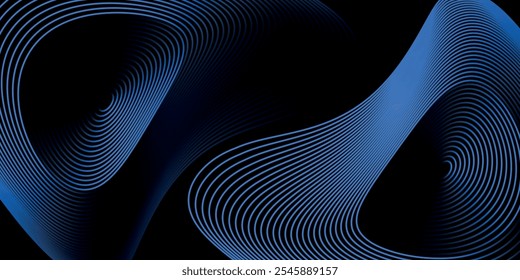 Dark blue abstract background with glowing circle lines. Geometric stripe line art design. Modern shiny blue diagonal rounded lines pattern. Futuristic