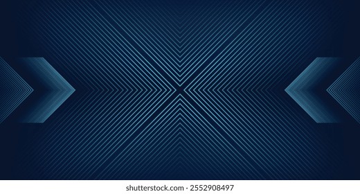 Dark blue abstract background with glowing arrow lines. Modern shiny blue geometric lines design. Technology futuristic concept. Horizontal banner template. Suit for cover, header, poster, banner, web