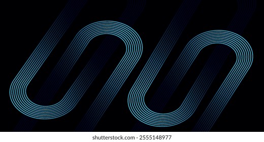 Dark blue abstract background with glowing geometric lines. Modern shiny blue diagonal rounded lines pattern. Futuristic technology concept. Suit for