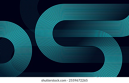 Dark blue abstract background with glowing geometric lines. Modern shiny blue diagonal rounded lines pattern. Futuristic technology concept. Suit for cover, poster, presentation,
