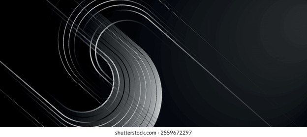 Dark blue abstract background with glowing geometric lines. Modern shiny blue diagonal rounded lines pattern.eps10