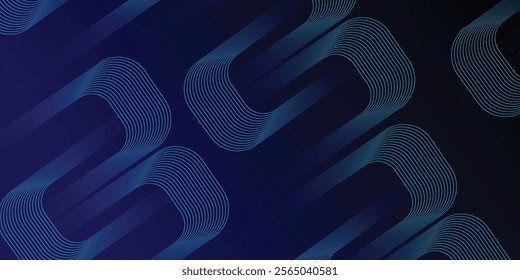 Dark blue abstract background with glowing geometric lines. Modern shiny blue diagonal rounded lines pattern. Futuristic technology concept. Suit for cover, poster, presentation, banner, website