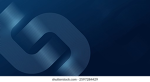 Dark blue abstract background with glowing geometric lines. Modern shiny blue diagonal rounded lines pattern. Futuristic technology design for cover, poster, presentation, banner, and website.