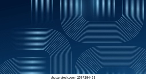 Dark blue abstract background with glowing geometric lines. Modern shiny blue diagonal rounded lines pattern. Futuristic technology design for cover, poster, presentation, banner, and website.