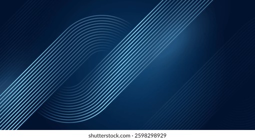 Dark blue abstract background with glowing geometric lines, featuring a modern shiny blue diagonal rounded pattern. Ideal for futuristic technology designs, covers, posters, banners, and websites.