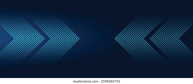 Dark blue abstract background with glowing arrow lines. Modern shiny blue geometric lines design. Technology futuristic concept. Horizontal banner template. Suit for cover, header, poster, banner, web