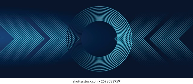 Dark blue abstract background with glowing arrow lines. Modern shiny blue geometric lines design. Technology futuristic concept. Horizontal banner template. Suit for cover, header, poster, banner, web