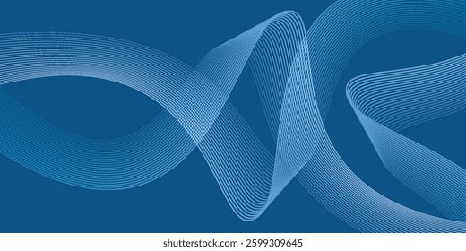 Dark blue abstract background with glowing geometric lines. Modern shiny blue diagonal rounded lines pattern. Futuristic technology concept.