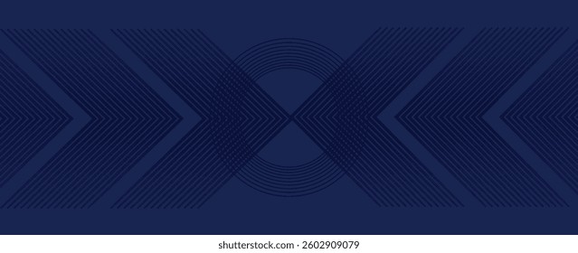 Dark blue abstract background with glowing arrow lines. Modern shiny blue geometric lines design. Technology futuristic concept. Horizontal banner template. Suit for cover, header, poster, banner, web