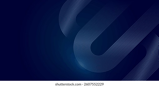 Dark blue abstract background with glowing geometric lines, featuring a modern shiny blue diagonal rounded pattern. Ideal for futuristic technology designs, covers, posters, banners, and websites.